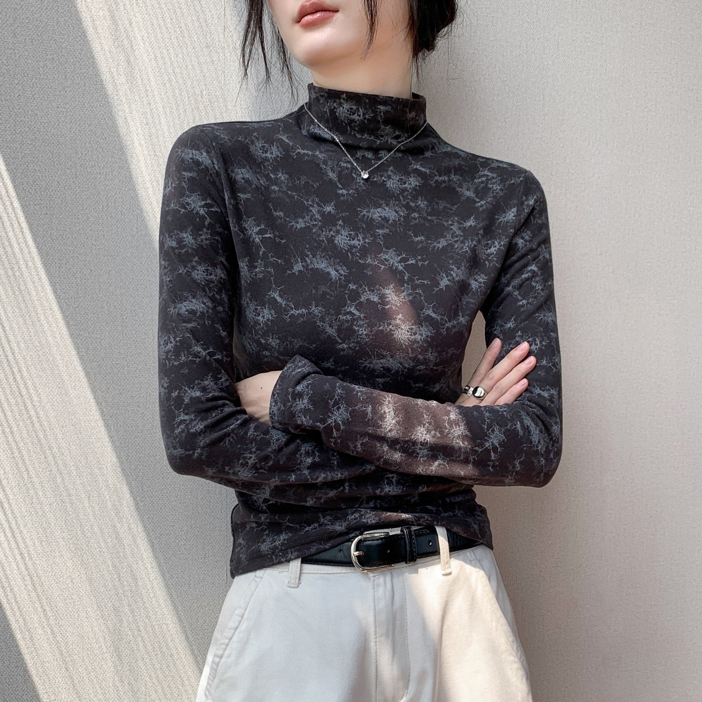 韩版半高领扎染小众长袖t恤女