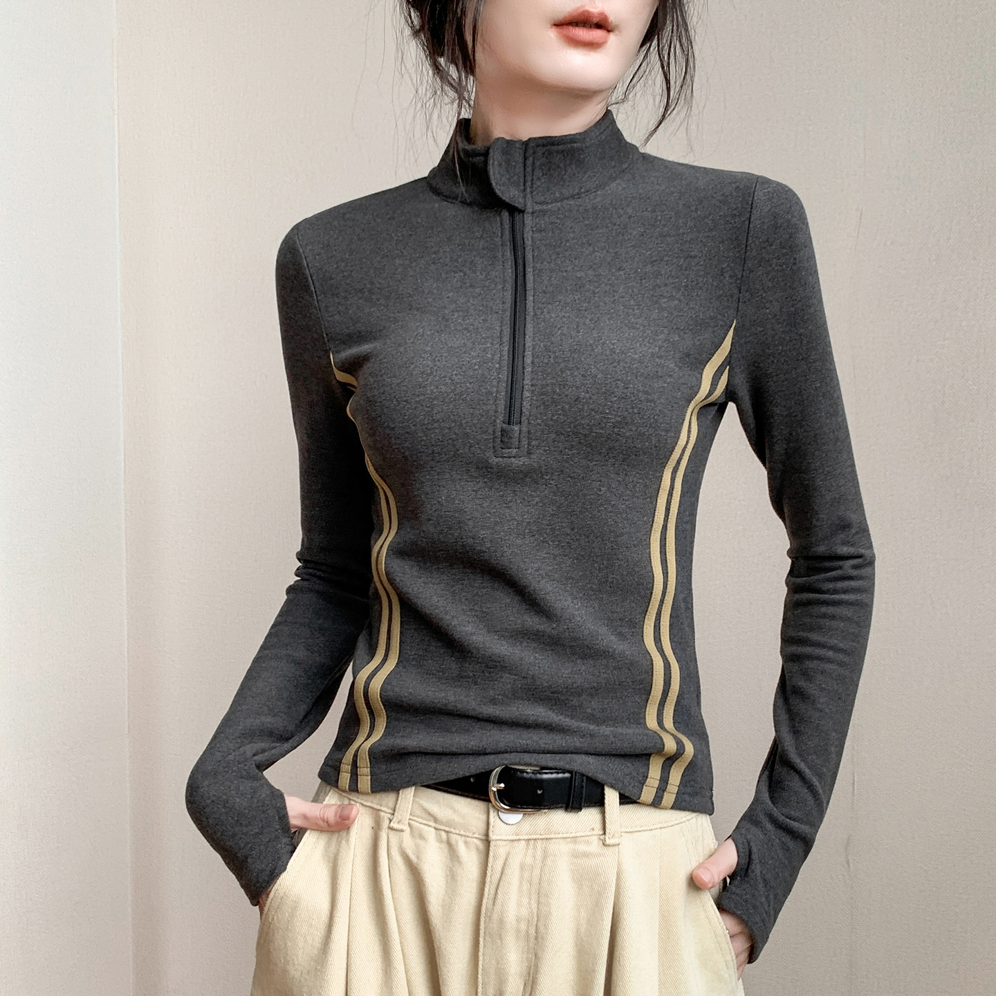 德绒拉链半开领拼色长袖T恤女