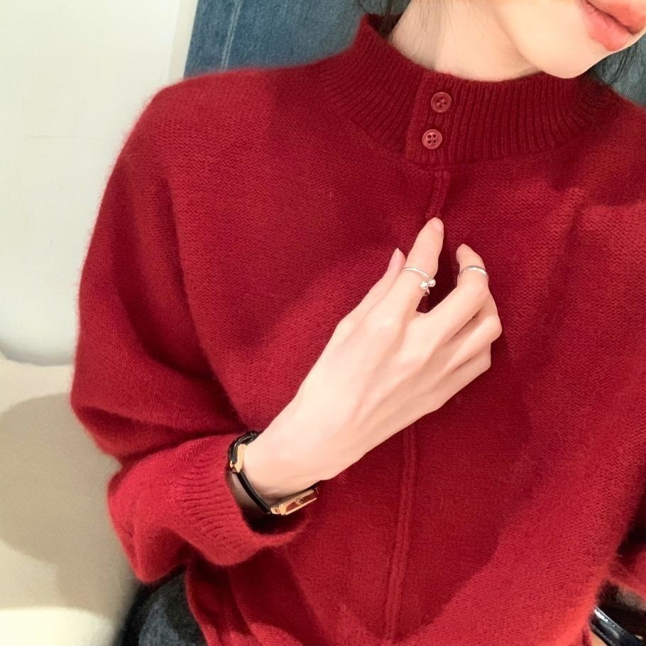 韩系燕麦色半高领卷边毛衣女2026秋冬新款高级感慵懒气质显白上衣