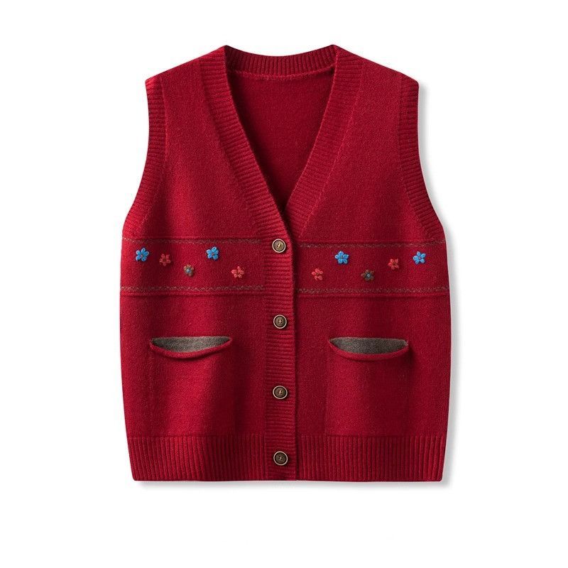 2025春秋新款宽松版手工绣花针织背心V领开襟马甲外穿坎肩毛衣开