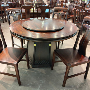 高端新中式实木餐桌大圆桌圆形桌乌金木纯实木高档轻奢别墅圆餐桌