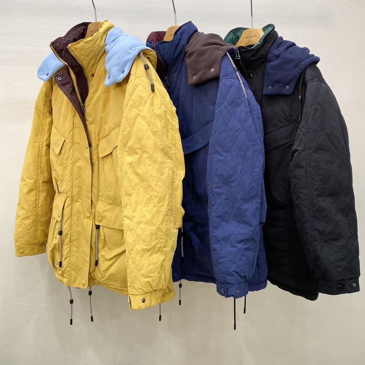 工装男友风个性撞色防风皱皱棉可拆卸连帽领鹅绒派克中长款羽绒服