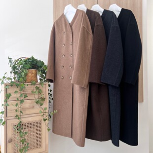 大衣外套 复古优雅V领双排扣骆驼绒手缝中长款 2024年秋冬季 女装
