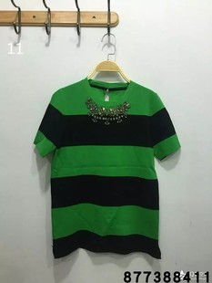 25春季韩版女装手工钉珠镶钻黑绿撞色条纹圆领短袖针织打底衫毛衣