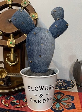 原创纯手工牛仔仙人球摆件室内盆栽仙人掌花盆花创意礼品桌面摆设