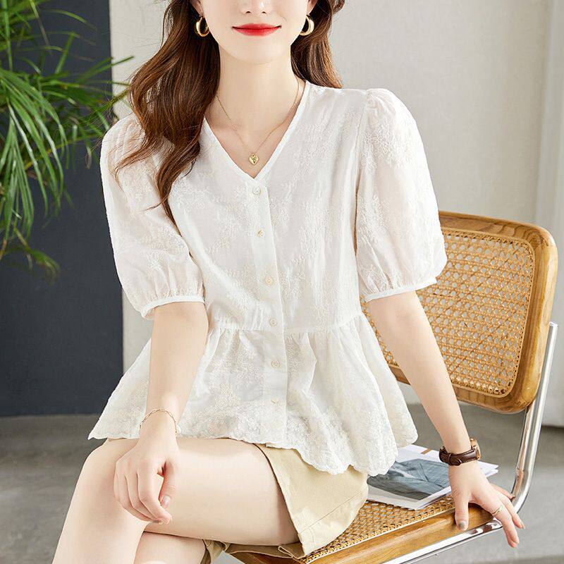 夏季绣花短袖内衬不透衬衫女