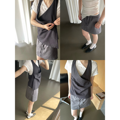 暗条纹挂脖马甲+西装半身裙套装