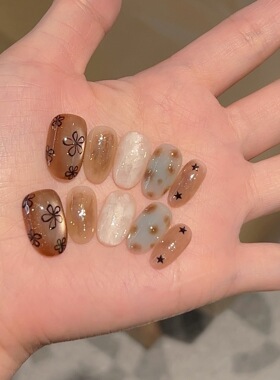 穿戴甲短款美甲指甲片美拉德焦糖手绘碎花建构猫眼纯手工2026新款