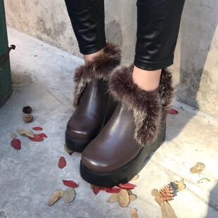 一席之地新款2022特惠女鞋舒适休闲松糕厚底短筒靴子牛皮兔毛百搭