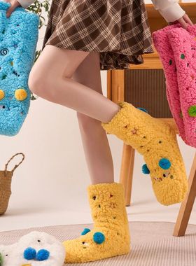 超厚羊羔绒袜子女秋冬季可爱中筒睡眠袜加绒保暖居家地板袜子批发