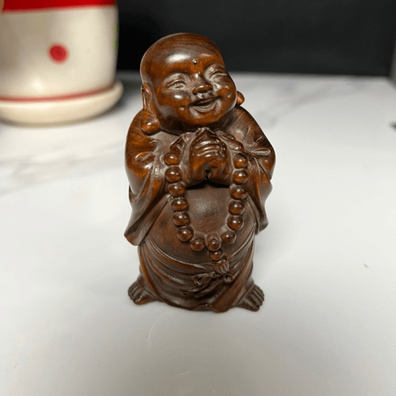 旧藏传承非遗小叶黄杨木雕抱拳恭喜弥勒仿古工艺家居摆件手把件