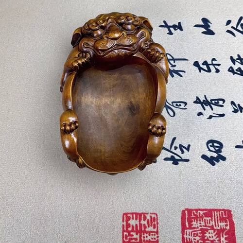 旧藏黄杨木雕刻仿古招财文玩貔貅手把件茶具茶勺文玩实木桌面摆件