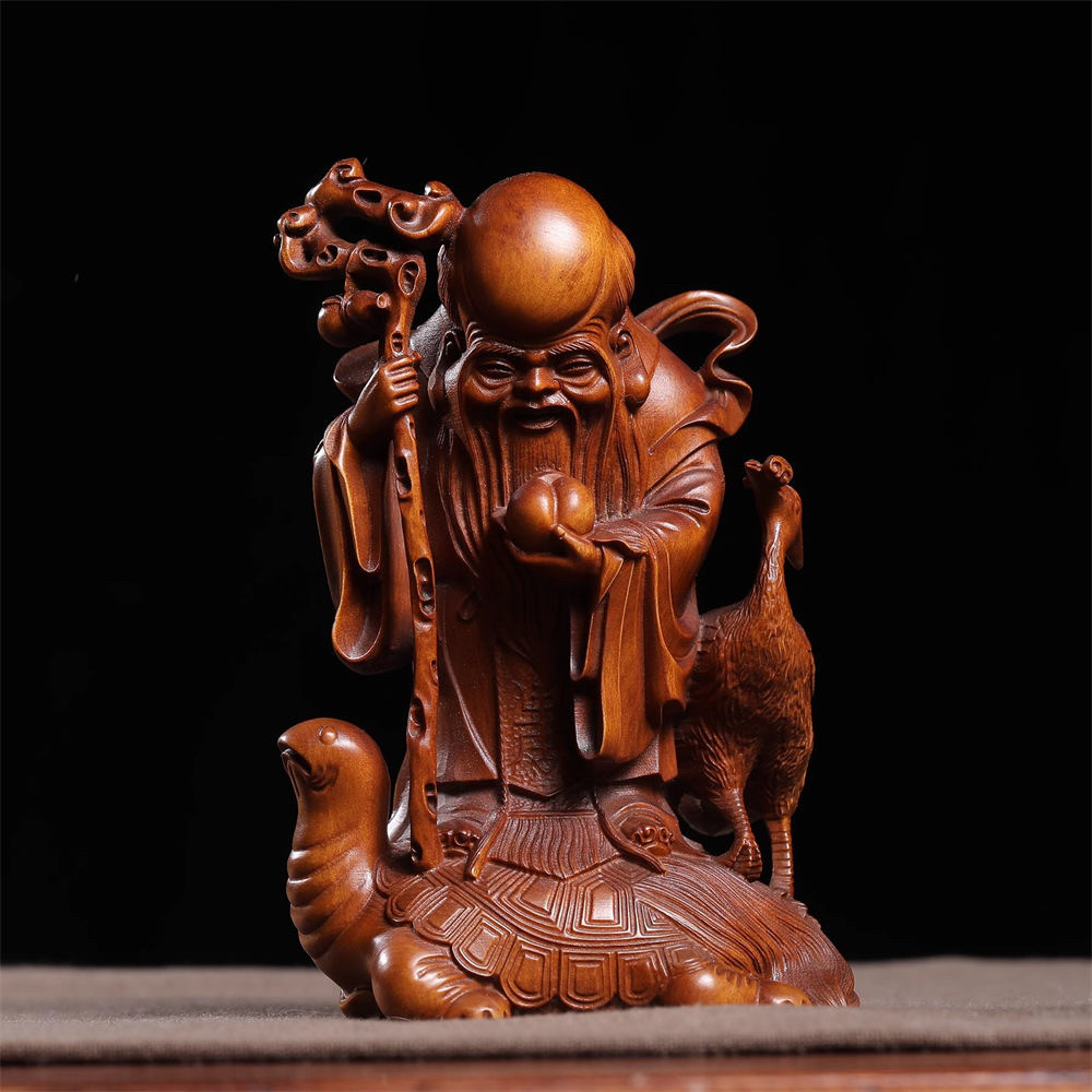 旧藏小叶黄杨木雕刻龟鹤寿星公古风桌面摆件家居办公室装饰品贺寿