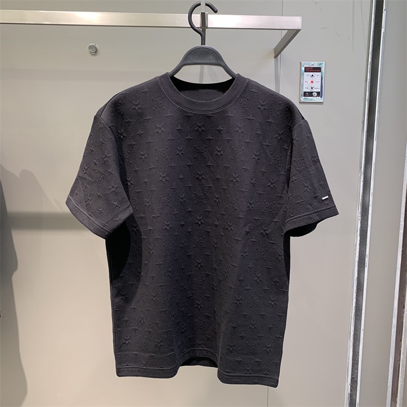 原版工艺2024夏新款黑色满身五角星提花T恤男士韩版半袖
