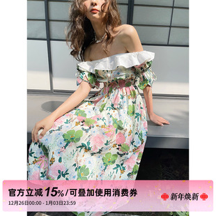 森林精灵碎花裙子一字肩收腰连衣裙女秋冬 STUDIO原创设计