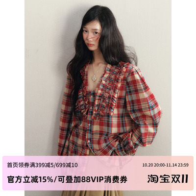 1P STUDIO 红色格纹V领宽松衬衫女秋冬纯棉木耳边设计感长袖衬衣