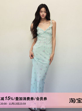 1P STUDIO 薄荷绿印花荷叶边V领连衣裙女秋修身显瘦无袖吊带长裙