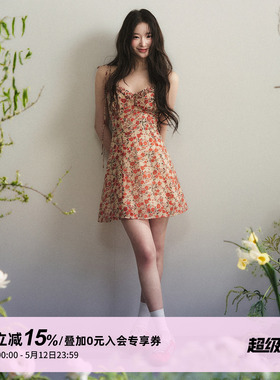 1P STUDIO 橙红色花朵小碎花吊带连衣裙女夏季荷叶边V领收腰短裙