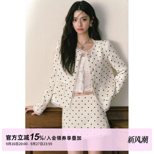 1P STUDIO原创设计 米色波点蕾丝花边正肩短外套包臀半裙两件套装