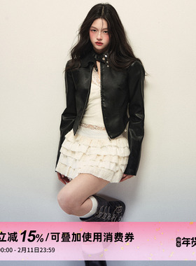 1P STUDIO 黑色立领短款亮面PU皮衣女秋修身收腰机车风夹克皮外套