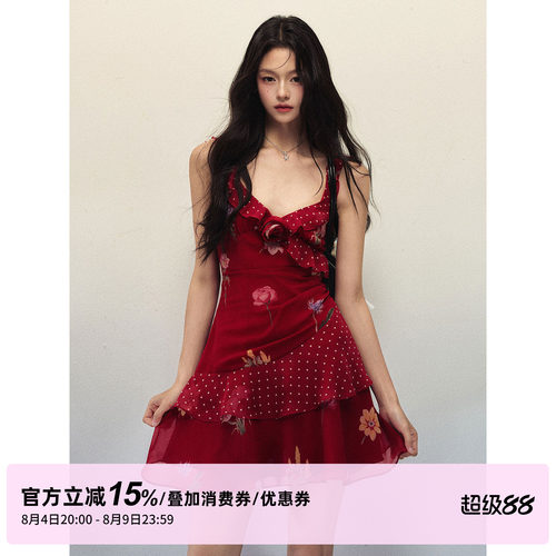 1P STUDIO 玫瑰印花波点拼接吊带连衣裙女夏收腰立体花朵无袖短裙