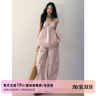 1P STUDIO 灰粉色纯棉挺阔V领吊带背心+休闲拖地阔腿长裤两件套装