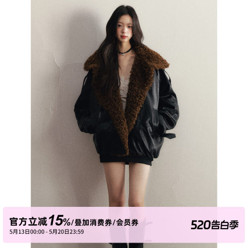 1P STUDIO 黑色亮面卷毛大翻领皮衣外套女冬宽松加厚夹棉pu皮外套