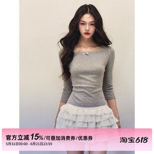 1P STUDIO 船型领蝴蝶结一字肩上衣女春秋修身中长袖T恤打底衫
