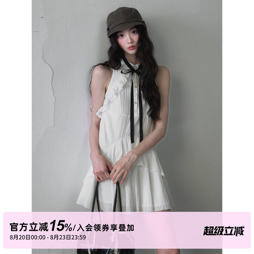 1P STUDIO 白色衬衫领背心连衣裙女夏季蝴蝶结系带荷叶边无袖短裙