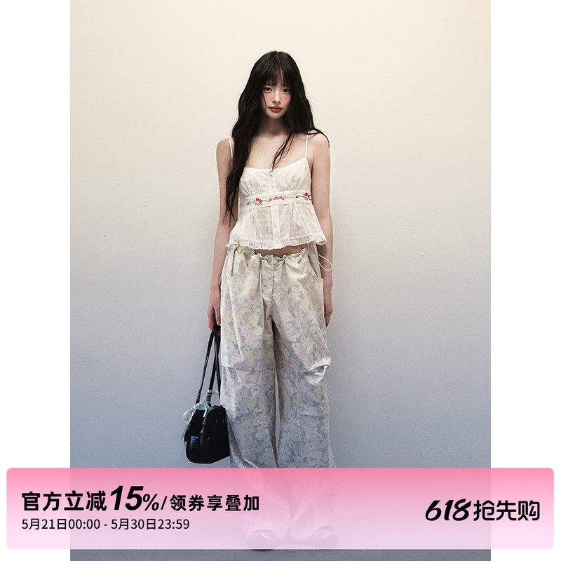 1P STUDIO 淡绿碎花抽绳直筒工装裤女夏季设计感宽松休闲阔腿长裤