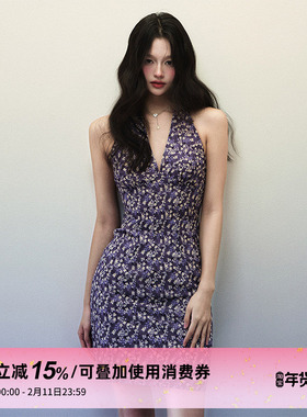 1P STUDIO 深紫色米黄碎花挂脖连衣裙女秋冬收腰露背V领无袖短裙