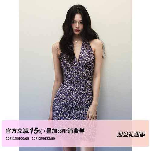 1P STUDIO 深紫色米黄碎花挂脖连衣裙女秋冬收腰露背V领无袖短裙