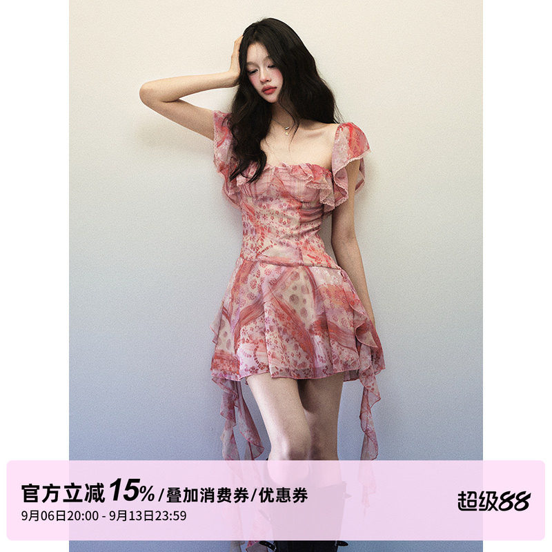 1P STUDIO 粉格碎花拼接方领连衣裙女秋装荷叶边不规则飘带短裙子