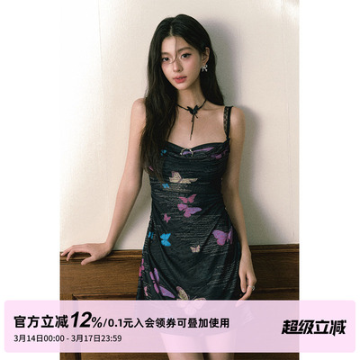 1P STUDIO原创设计 黑底蝴蝶印花吊带连衣裙女春夏弹力网纱短裙子