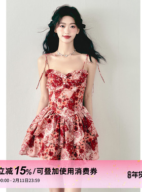 1P STUDIO原创设计 复古红色碎花吊带裙秋冬高级感双层下摆连衣裙