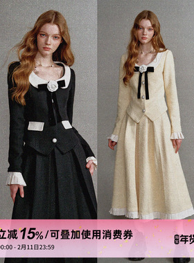 1P STUDIO 富家千金黑色蝴蝶结上衣高级感小香风外套半裙两件套装