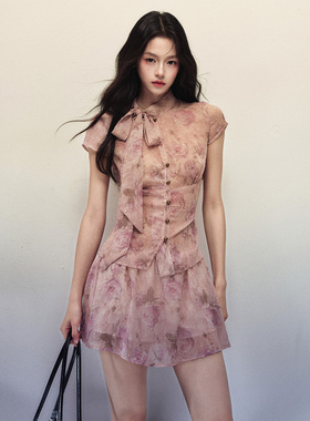 1P STUDIO 玫瑰印花晕染蝴蝶结系带雪纺上衣A字短裙两件套装裙夏