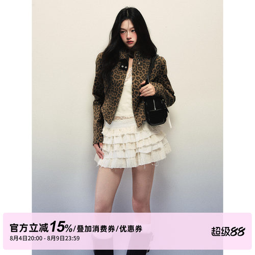 1P STUDIO 豹纹印花机车风短外套女秋装新款修身收腰立领短款夹克