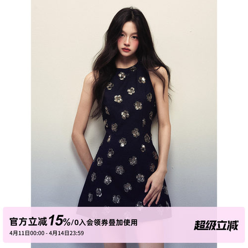 1P STUDIO 藏青色亮片花朵无袖连衣裙女夏季修身收腰短款背心裙子