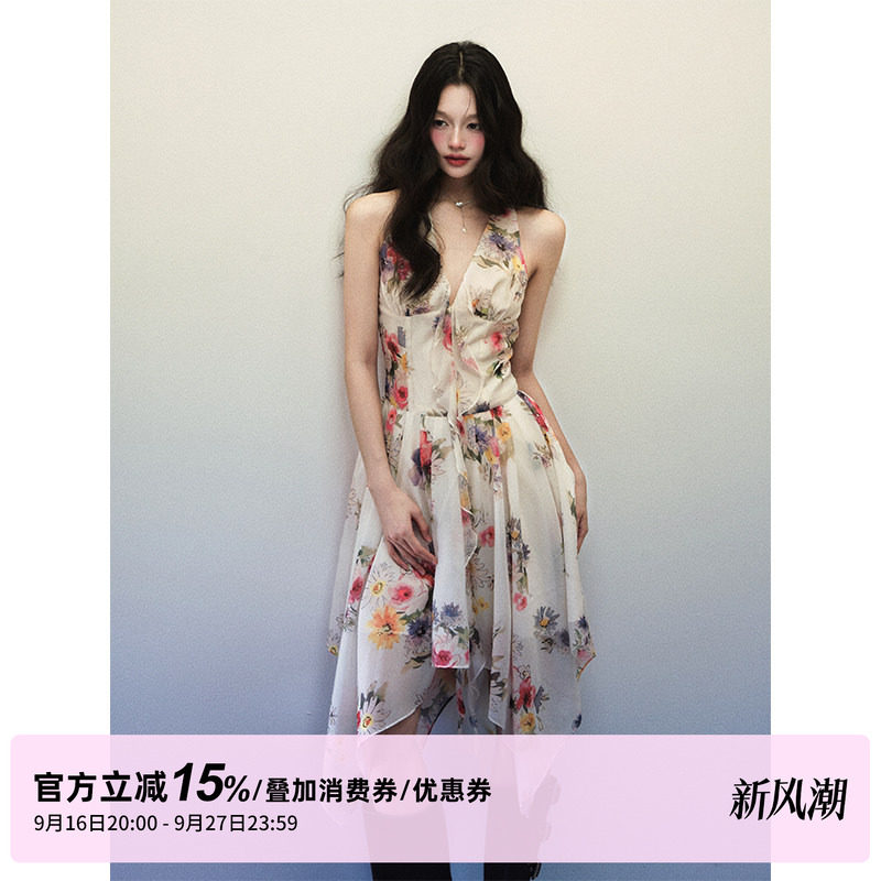 1P STUDIO"烂漫山花"水彩印花无袖连衣裙女秋装不规则V领挂脖裙子
