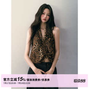 【白鹿同款】1P STUDIO 性感豹纹V领挂脖上衣女夏不规则纽结背心