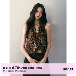 【白鹿同款】1P STUDIO 性感豹纹V领挂脖上衣女夏不规则纽结背心