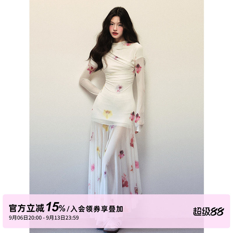 1P STUDIO 白色花朵印花弹力网纱长袖连衣裙女秋装小高领修身长裙