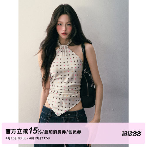 1P STUDIO原创设计 粉咖波点仿醋酸印花挂脖绑带一片式方巾女