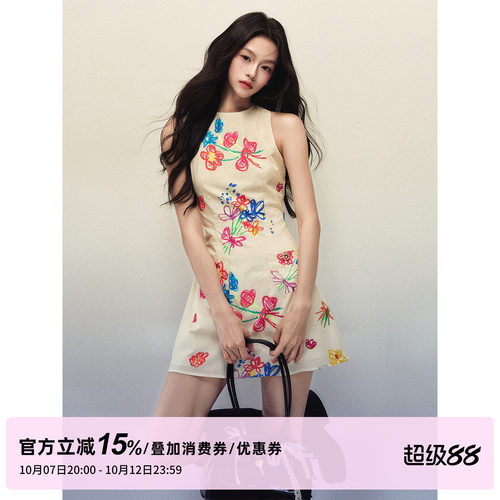 1P STUDIO 艺术手绘彩花背心连衣裙女秋装修身收腰A字无袖短裙子