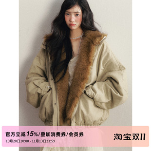 1P STUDIO 豆绿色可拆卸仿貂毛夹棉外套女秋冬宽松设计感翻领棉服