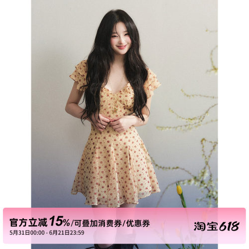 1P STUDIO 复古小碎花雪纺V领连衣裙女夏荷叶边短袖收腰压褶短裙