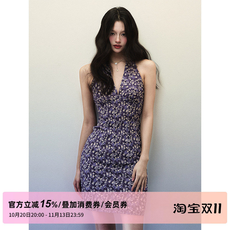 1P STUDIO 紫色碎花V领挂脖连衣裙女秋修身收腰性感露背无袖短裙