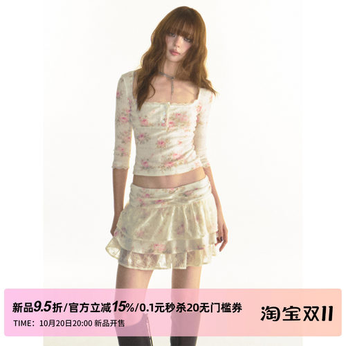 1P STUDIO【10/20 20:00】音符玫瑰方领针织上衣蛋糕短裙两件套装