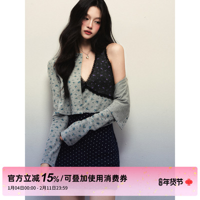 1P STUDIO 藏青色波点碎花拼接V领吊带裙+短款开衫上衣两件套装女